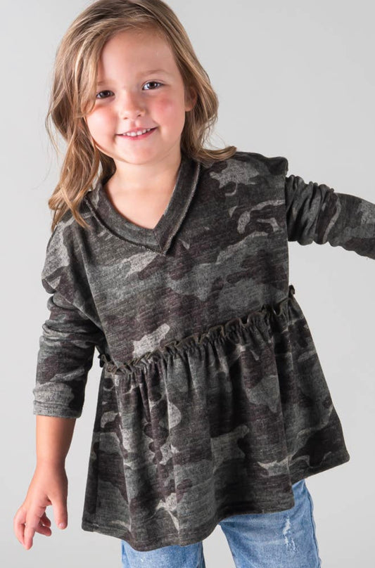 Camo V-Neck Tiered Knit Top