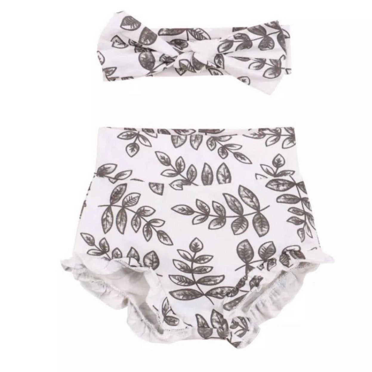 Tiny Charcoal Fern Ruffle Bloomer & Headband Set