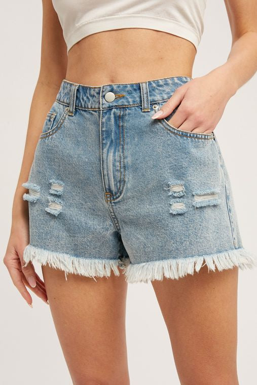 Frayed Hem High-Rise Denim Shorts