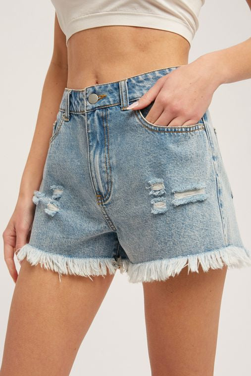 Frayed Hem High-Rise Denim Shorts