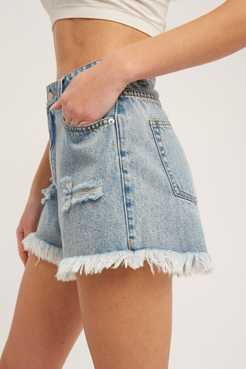 Frayed Hem High-Rise Denim Shorts